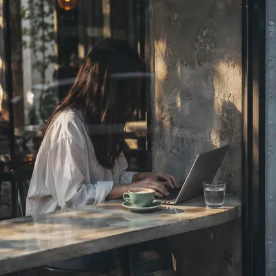 Focused Laptop Work at Cozy Cafe