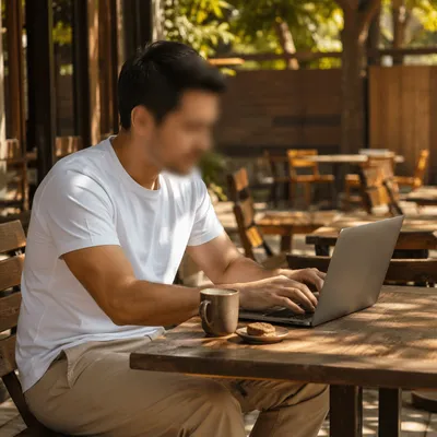 Focused Laptop Work at Outdoor Cafe