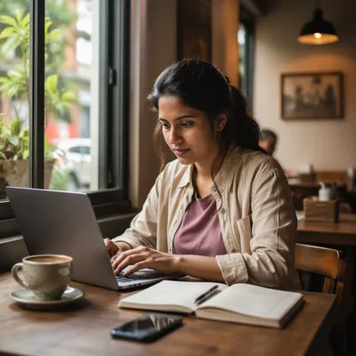 Focused Woman Working on Laptop in Cafe