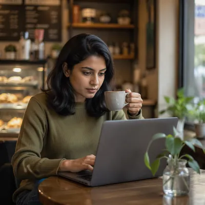 Focused Woman Working on Laptop in Cafe