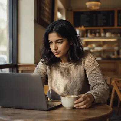 Focused Woman Working on Laptop in Cafe