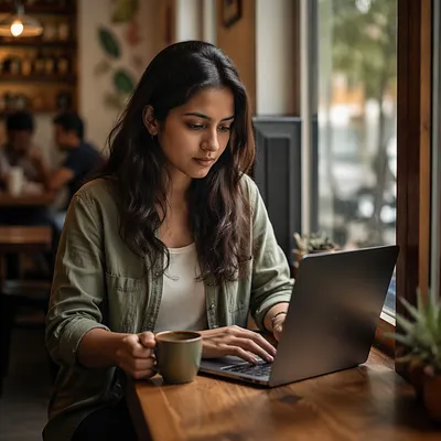 Young Woman Working on Laptop in Cafe