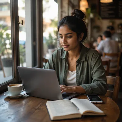 Focused Woman Working on Laptop in Cafe