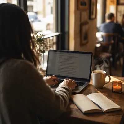 Focused Laptop Work in Cozy Cafe