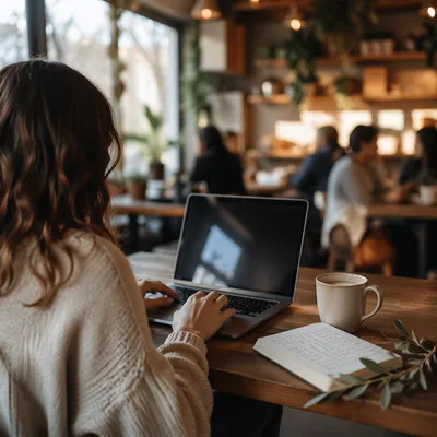 Focused Laptop Work in Peaceful Cafe
