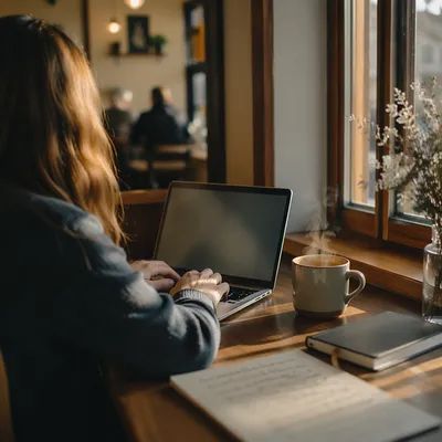 Focused Laptop Work in Cozy Cafe