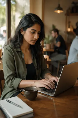 Focused Woman Working on Laptop in Cafe