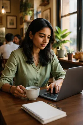 Focused Woman Working on Laptop in Cafe