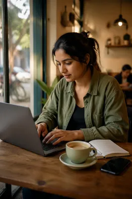 Focused Woman Working on Laptop in Cafe