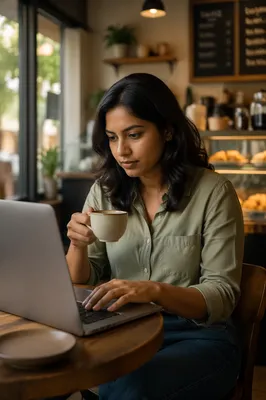 Focused Woman Working on Laptop in Cafe
