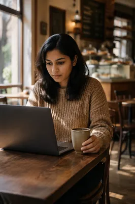 Focused Woman Working on Laptop in Cafe