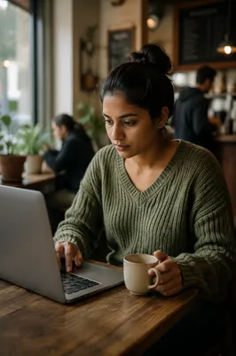 Focused Woman Working on Laptop in Cafe
