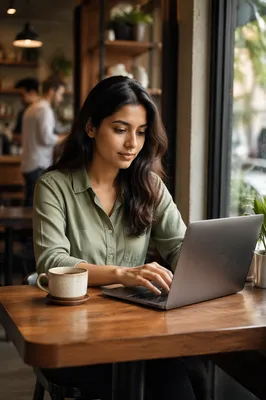Focused Woman Working on Laptop in Cafe
