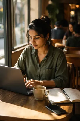 Focused Woman Working on Laptop in Cafe