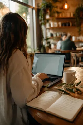 Focused Laptop Work in Cozy Morning Cafe