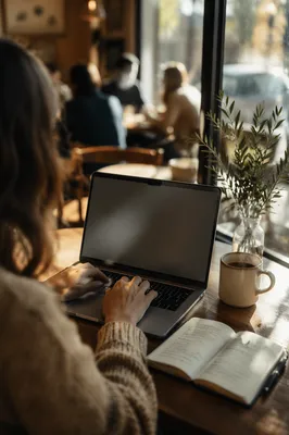 Focused Laptop Work in Cozy Cafe