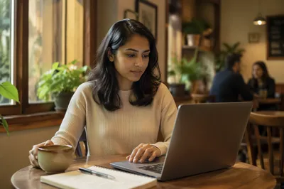 Focused Woman Working on Laptop in Cafe