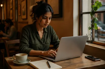 Focused Woman Working on Laptop in Cafe
