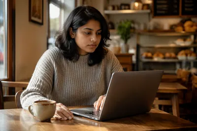 Focused Woman Working on Laptop in Cafe