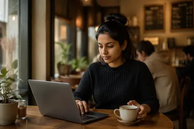 Focused Woman Working on Laptop in Cafe