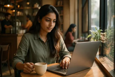 Focused Woman Working on Laptop in Cafe