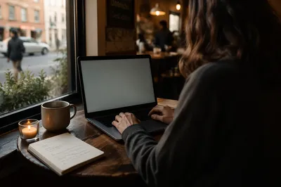 Focused Laptop Work in Cozy Cafe