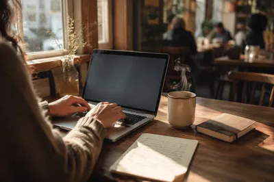 Focused Laptop Work in Cozy Cafe