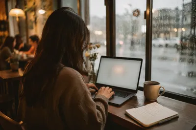 Focused Café Laptop Work in Morning Rain