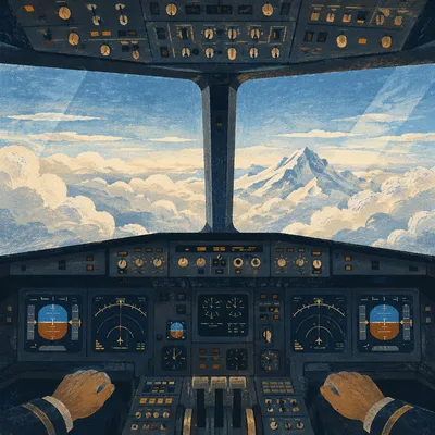 Pilot Hands in Cockpit Above Clouds