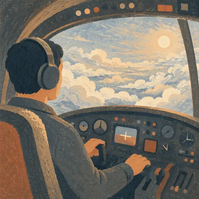 Pilot in Vintage Cockpit Above Clouds