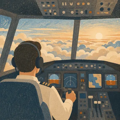 Pilot in Cockpit Above Morning Clouds