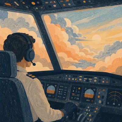 Pilot in Cockpit Above Sunrise Clouds
