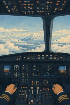 Pilot Hands in Airplane Cockpit Above Clouds