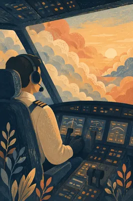 Pilot in Airplane Cockpit at Sunrise