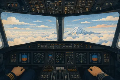 Pilot Hands in Airplane Cockpit Above Clouds