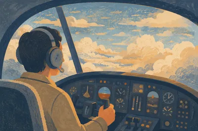 Pilot in Vintage Cockpit Above Clouds