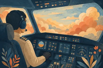 Pilot in Cockpit Above Sunrise Clouds