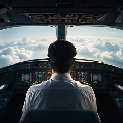 Pilot Silhouette Above Clouds in Cockpit