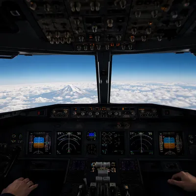 Pilot Hands in Airplane Cockpit Above Clouds