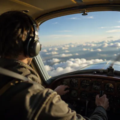Pilot in Vintage Cockpit Above Clouds
