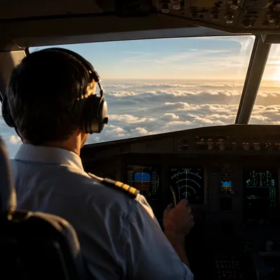 Pilot Viewing Sunlit Clouds from Cockpit