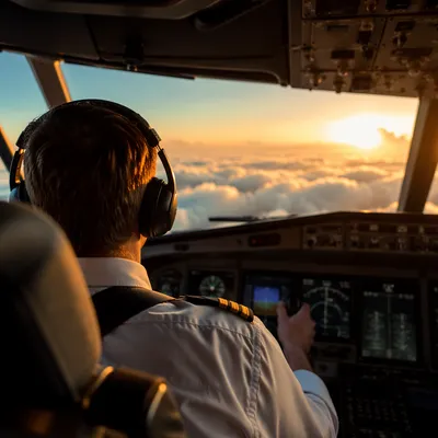 Pilot in Cockpit Above Morning Clouds