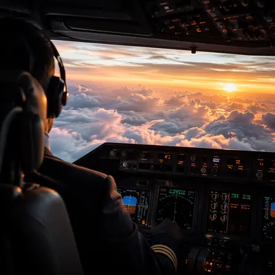 Pilot in Cockpit Above Sunrise Clouds