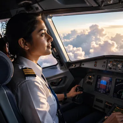 Female Pilot Watching Sunrise Above Clouds