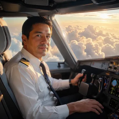 Airline Pilot in Cockpit at Golden Hour