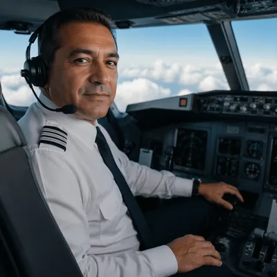 Airline Pilot in Cockpit with Clouds
