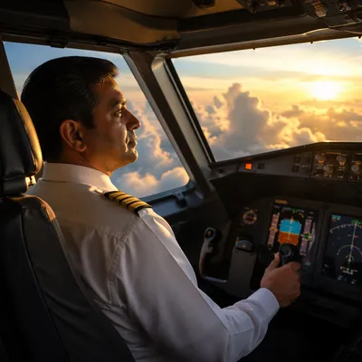 Airline Pilot in Cockpit at Golden Hour