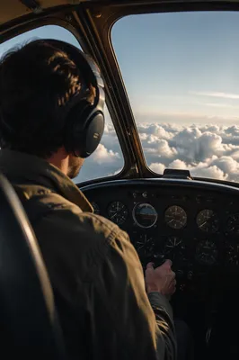 Pilot Viewing Clouds from Vintage Cockpit