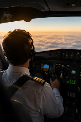Pilot in Cockpit Above Morning Clouds