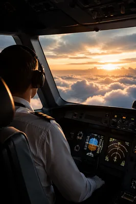 Pilot in Cockpit Above Sunrise Clouds